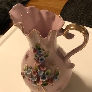 PINK PORCELAIN UCAGCO PITCHER / VASE WITH RAISED APPLIED FLOWERS MADE IN JAPAN